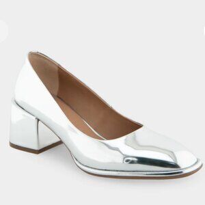 AEROSOLES Block Heel Pump Silver Mirror Metallic Faux Leather NEW! (Matte heals)